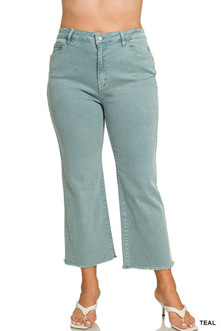 Curvy Teal Acid Washed Frayed Hem Bootcut Pants