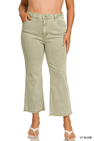 Curvy Lt Olive Acid Washed Frayed Hem Bootcut Pants