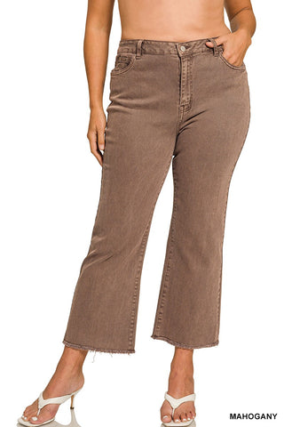 Curvy Mahogany Acid Washed Frayed Hem Bootcut Pants