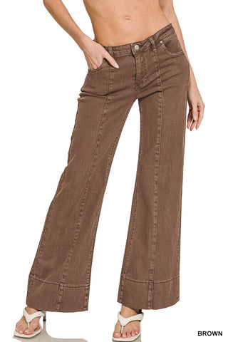Brown Mid Rise Wide Leg Color Denim Pants