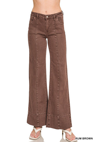Rum Brown Mid Rise Wide Leg Color Denim Pants