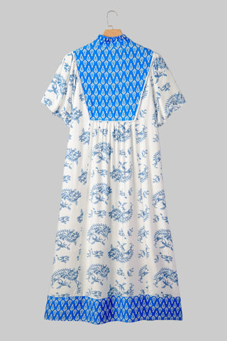 Curvy Blue Paisley Boho Print V Neck Midi Dress w/ Pockets FINAL SALE