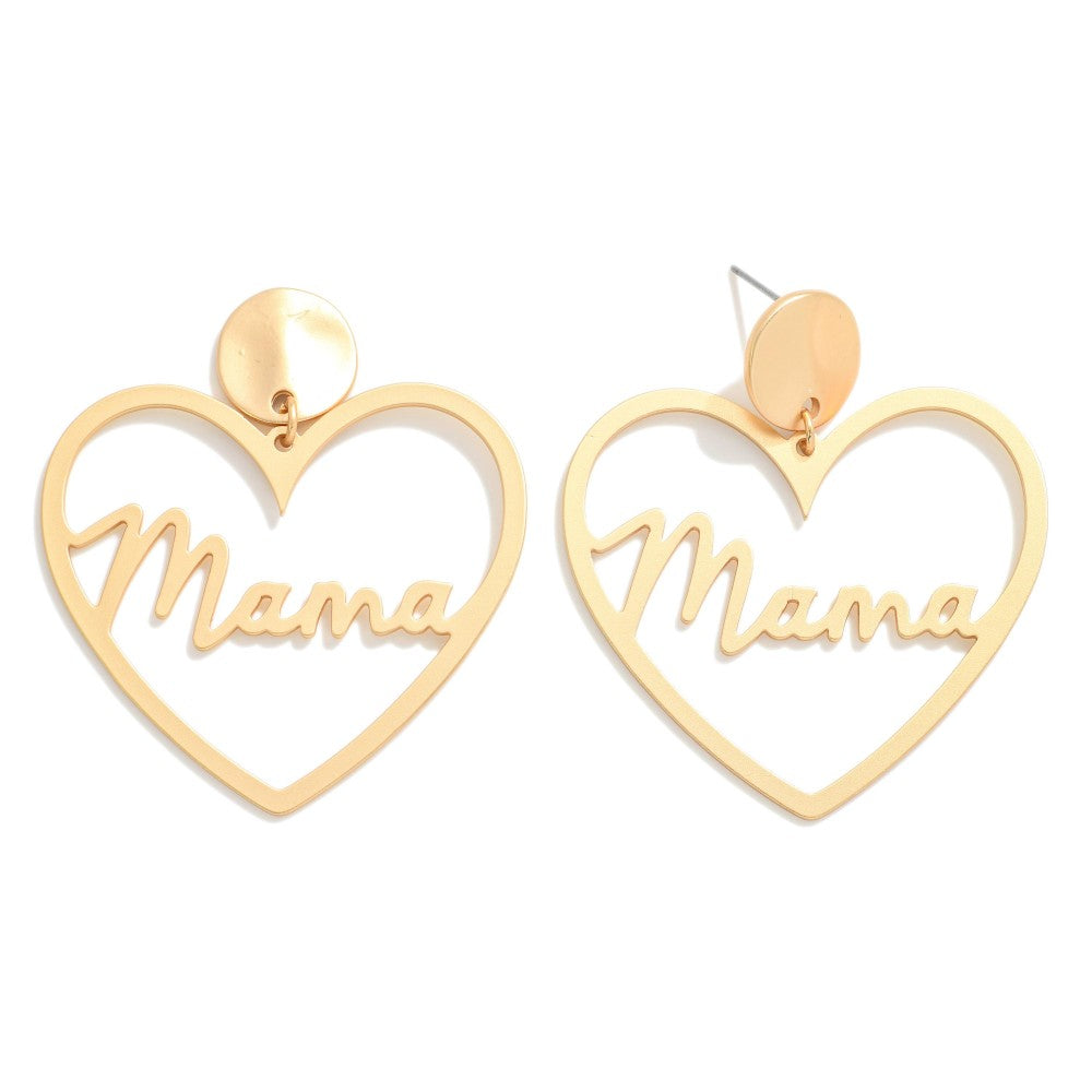 Gold Tone Heart Drop Earrings Featuring Cursive 'Mama'