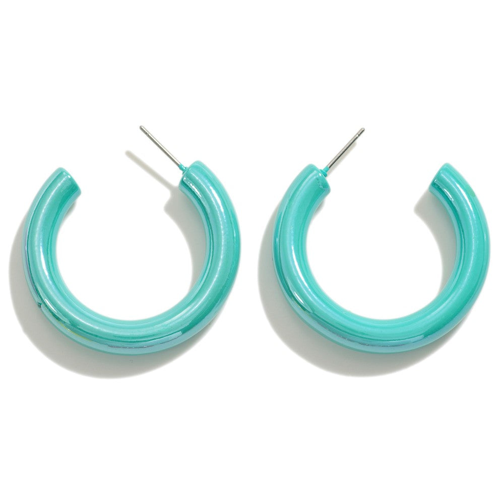 Turquoise Abalone Metal Coated Drop Hoop Earrings