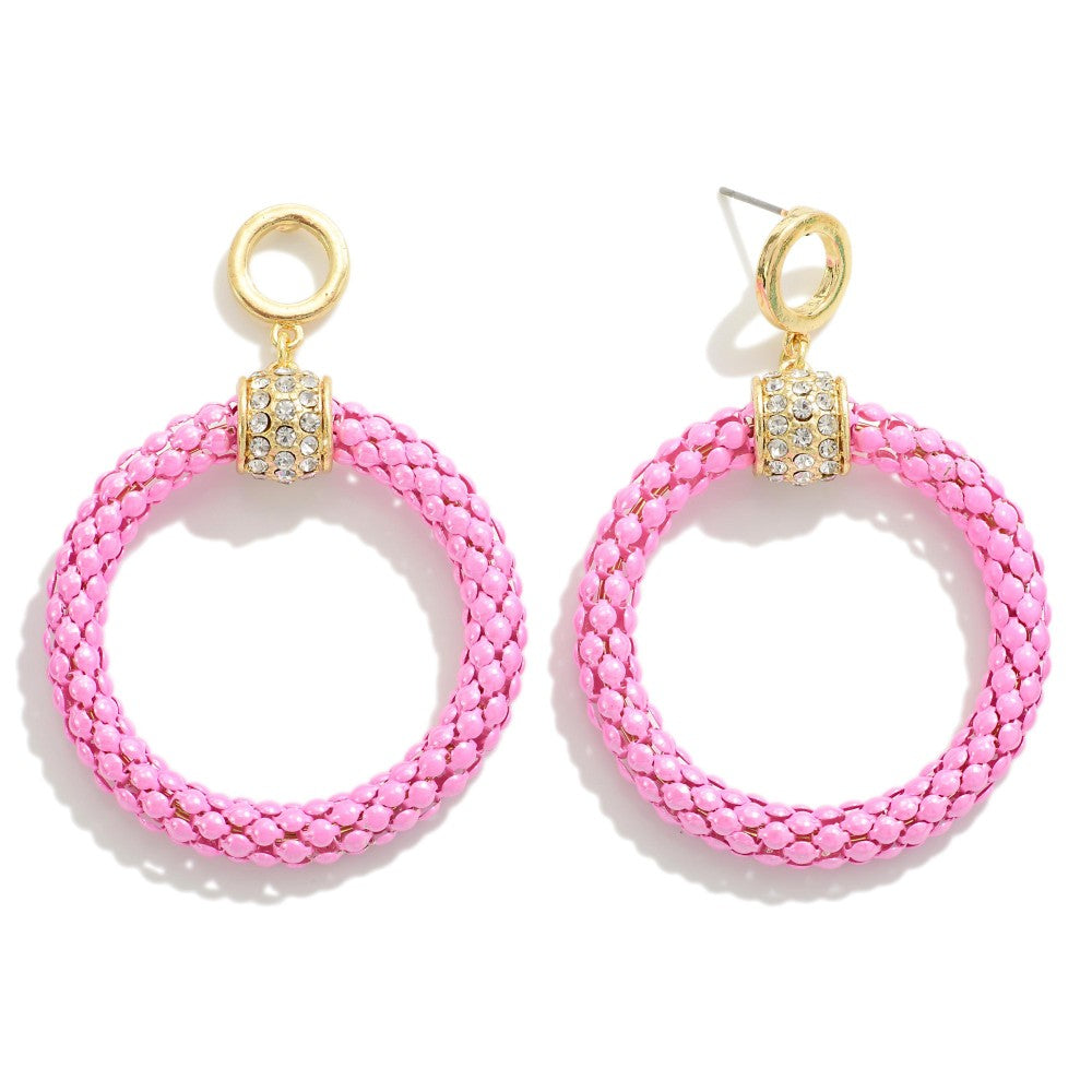 Pink Circular Mesh Chain Link Drop Earring With Rhinestone Details