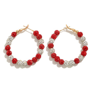 Red Rhinestone Beaded Game Day Hoop Earrings