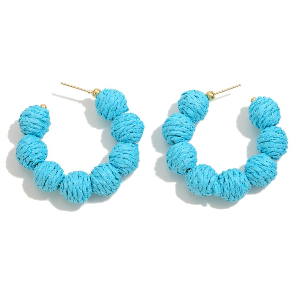 Light Blue Circular Raffia Wrapped Beaded Drop Hoop