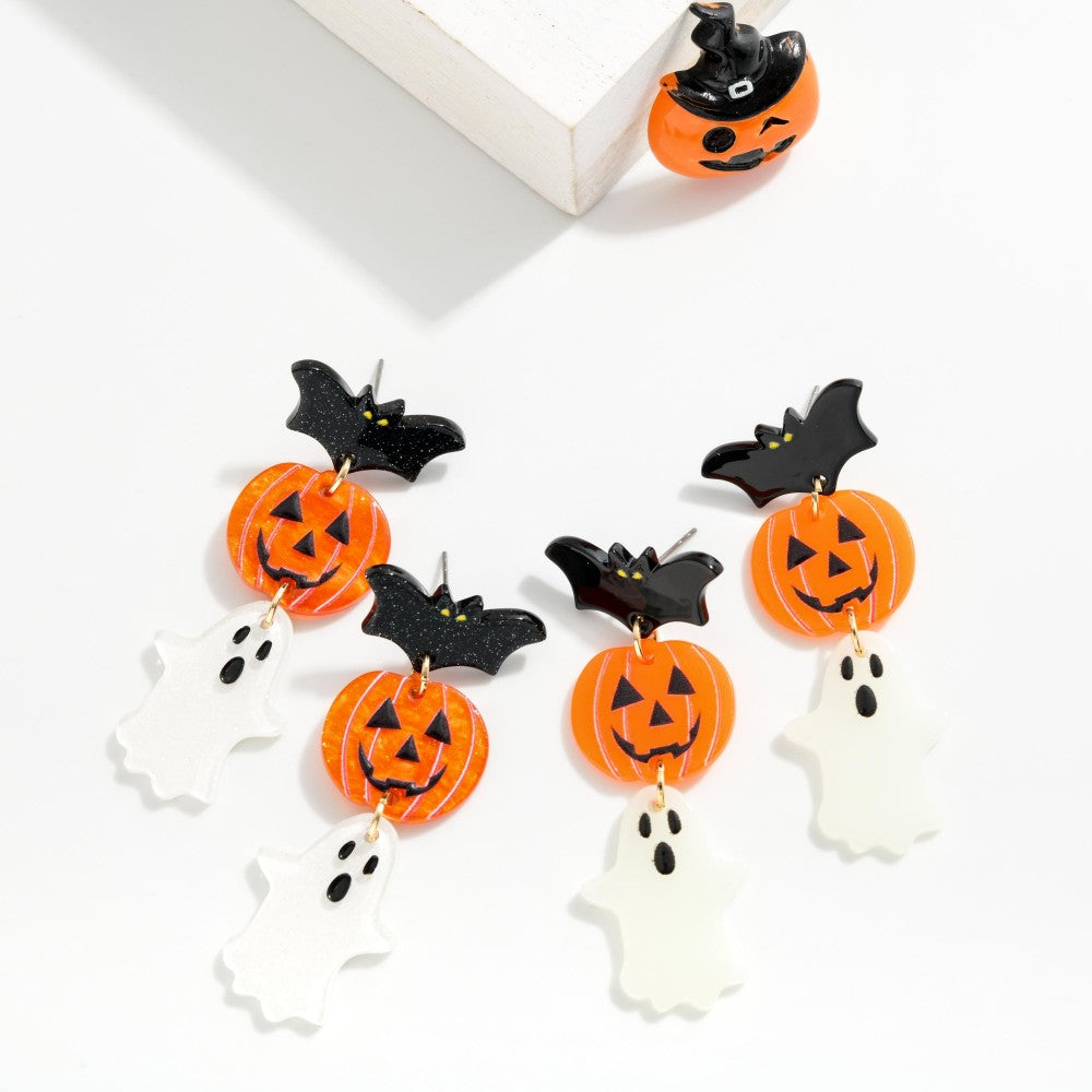 Linked Acetate Halloween Drop Earrings Featuring Bats and Ghosts (2 Colors)