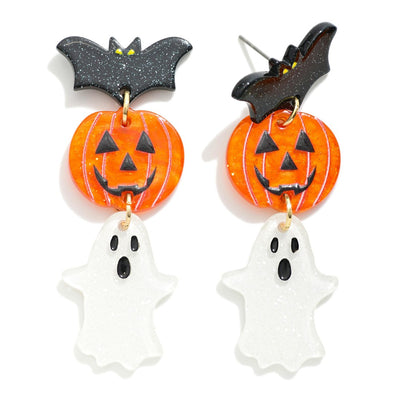 Linked Acetate Halloween Drop Earrings Featuring Bats and Ghosts (2 Colors)