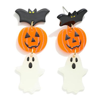 Linked Acetate Halloween Drop Earrings Featuring Bats and Ghosts (2 Colors)