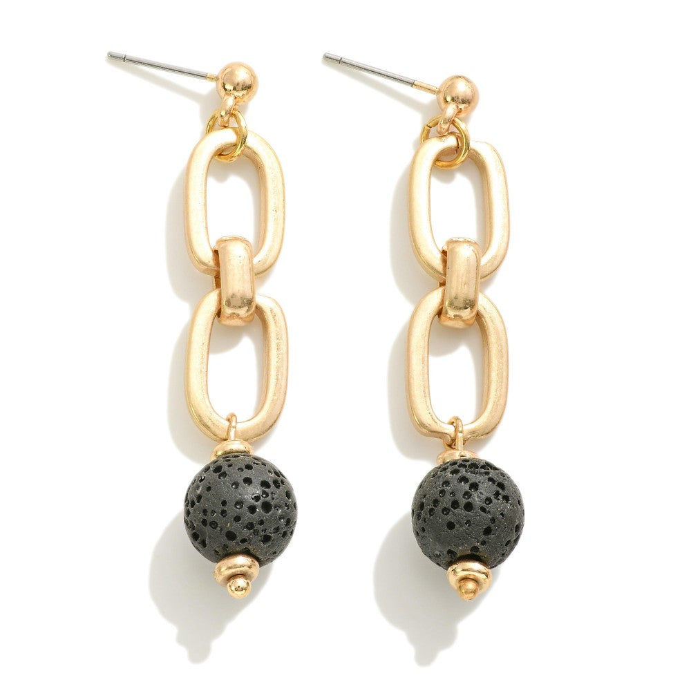 Black Chain Link Drop Earring With Dimpled Wood Bead Accent