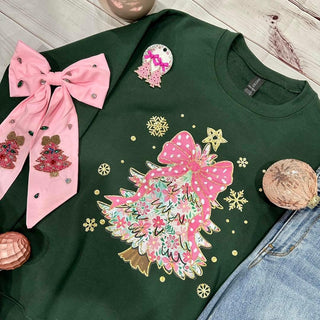 Pink Christmas Bow Tree Sweatshirt on Forest Green Final Sale