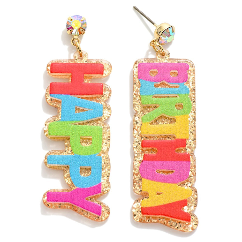 Multi Glitter Acetate 'Happy Birthday' Post Drop Earrings With Rhinestone Post