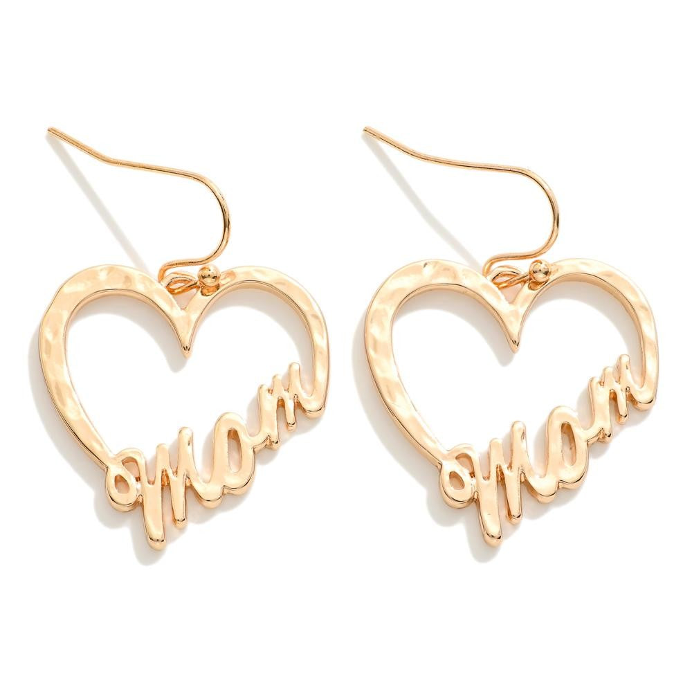 Hammered Metal Heart 'Mom' Drop Earrings