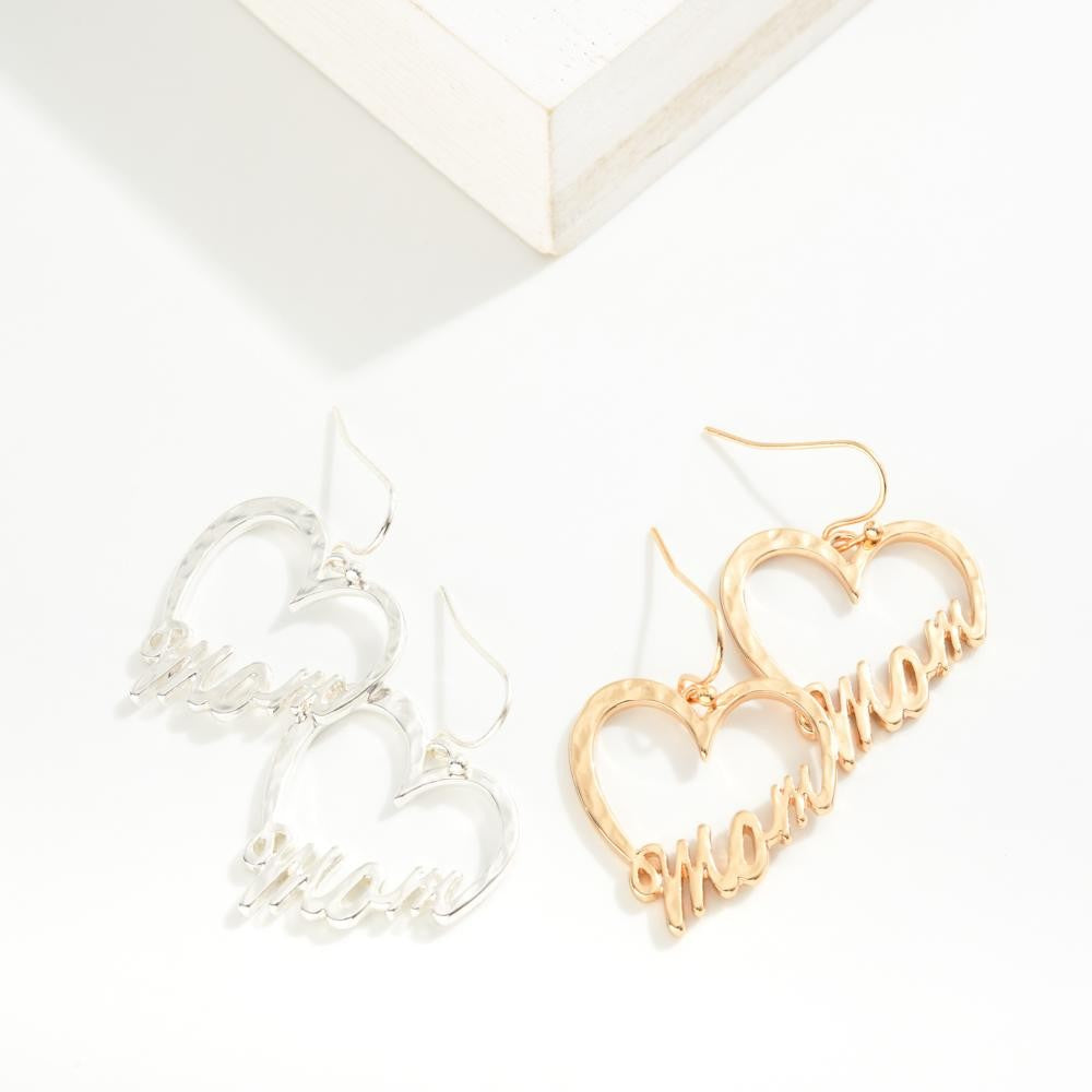 Hammered Metal Heart 'Mom' Drop Earrings