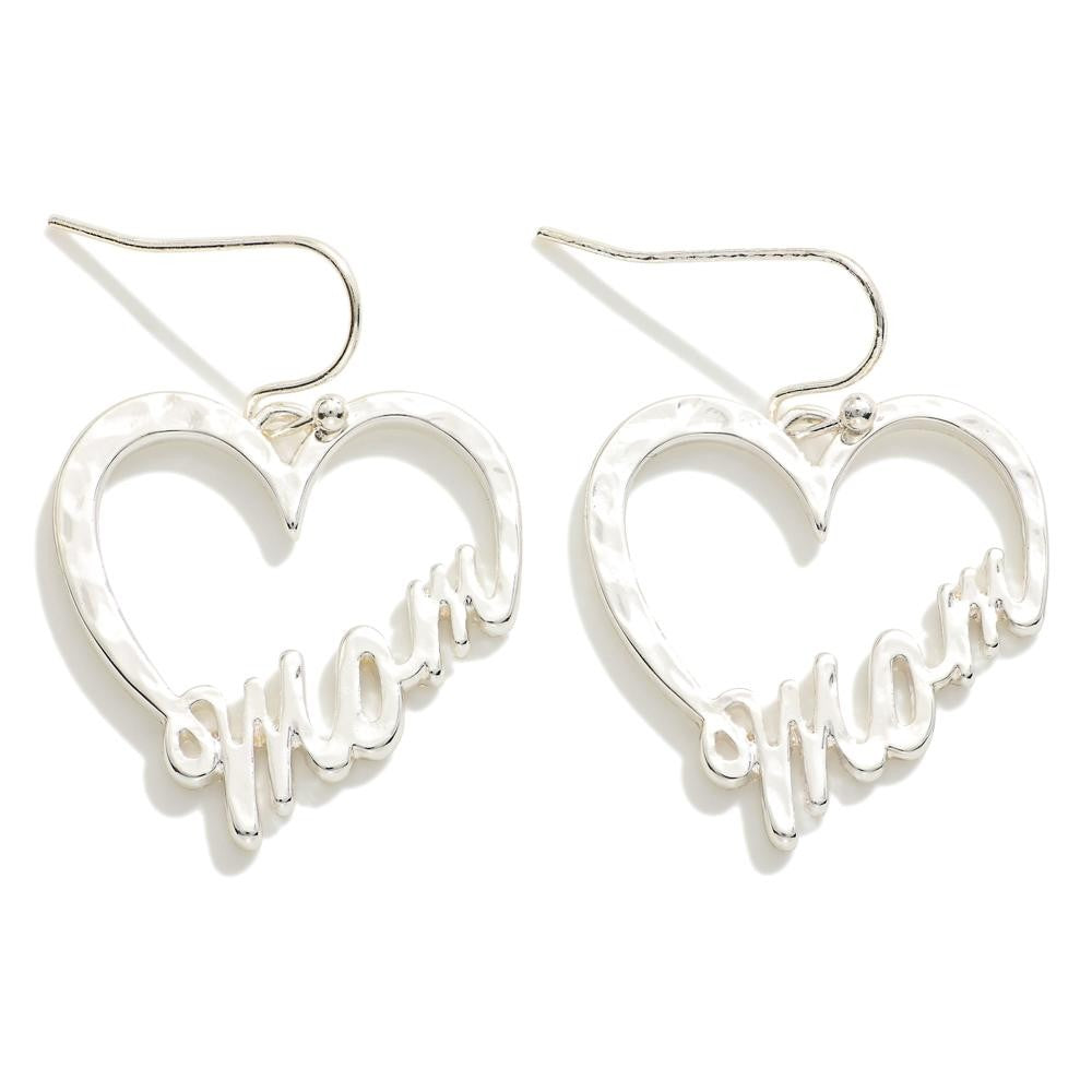 Hammered Metal Heart 'Mom' Drop Earrings