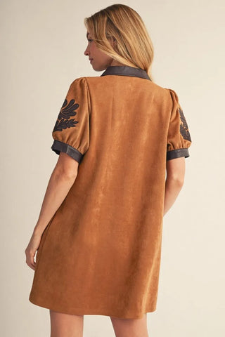 Taupe Puff Sleeve Button Down Faux Suede Dress w/ Pockets