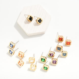 Dainty Cubic Zirconia Clover Stud Earrings With Gold Tone Framing (6 Colors)