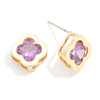 Dainty Cubic Zirconia Clover Stud Earrings With Gold Tone Framing (6 Colors)