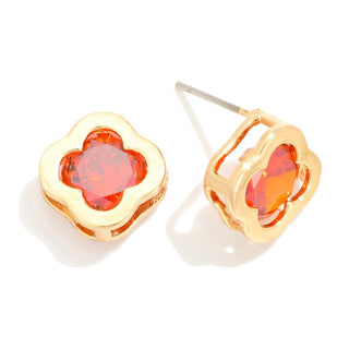 Dainty Cubic Zirconia Clover Stud Earrings With Gold Tone Framing (6 Colors)