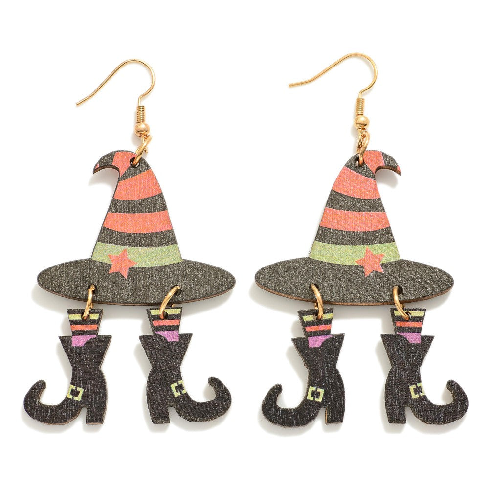 Double Sided Wood Witch Hat and Boots Drop Earrings