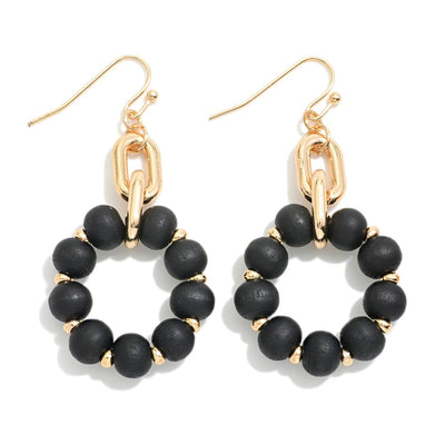 Wood Beaded Hoop and Chain Link Drop Earrings (3 Colors)