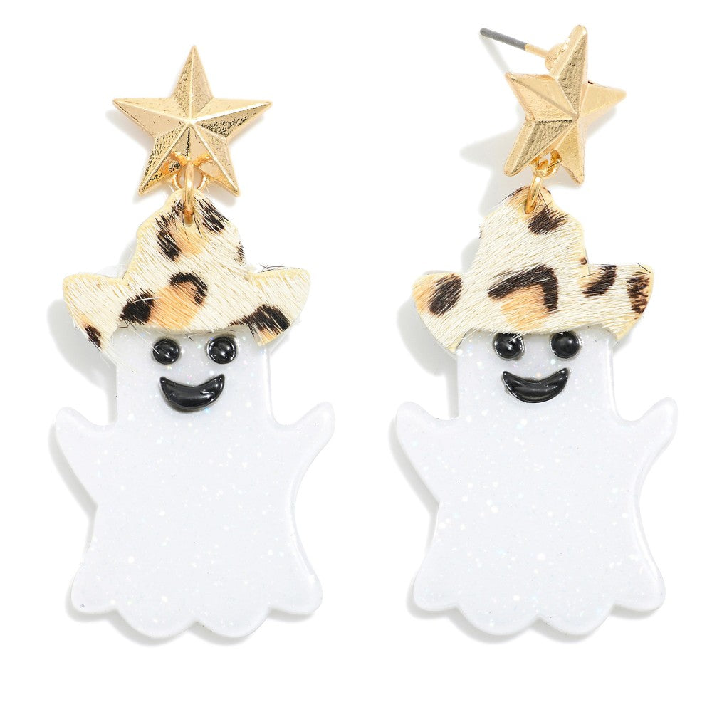 Glitter Acetate Ghost Drop Earrings With Faux Fur Leopard Print Cowboy Hats and Metal Star Posts