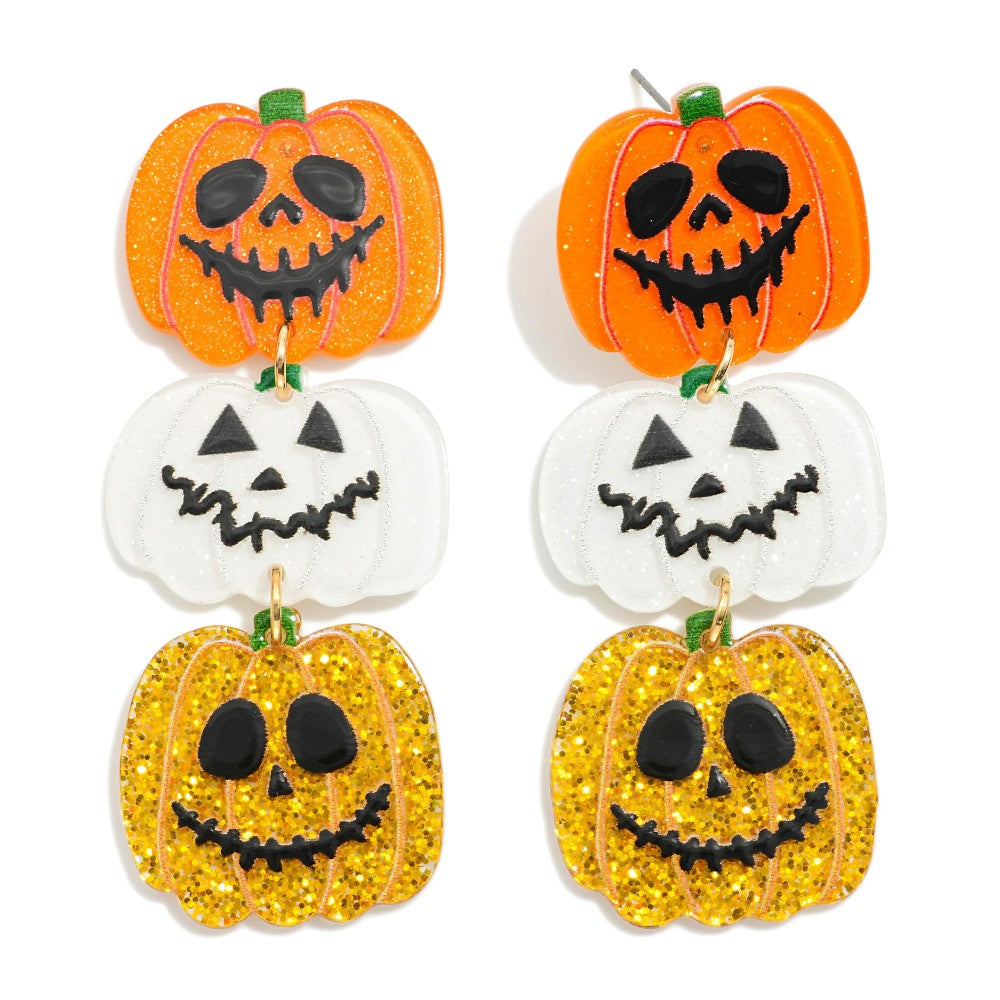 Linked Glitter Acetate Jack-o'-Lantern Drop Earrings