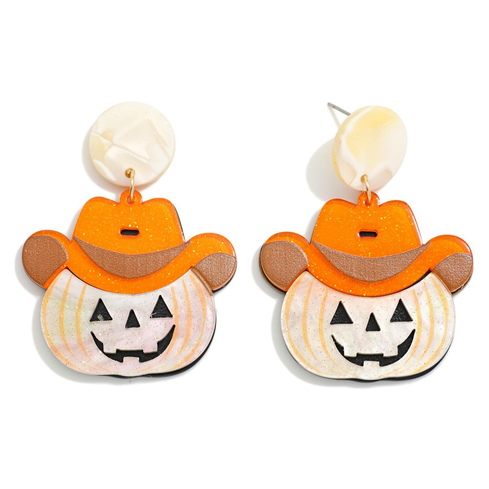 Glitter Acetate Cowboy Jack-o'-Lantern Drop Earrings