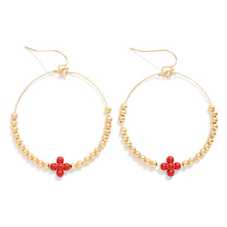 Red Metal Tone Beaded Hoop Drop Earrings Featuring Bubble Criss Cross Accent