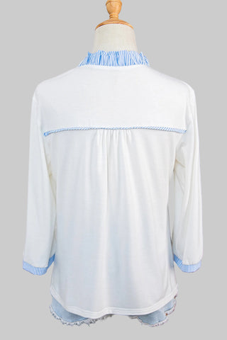 White V Neck Top with Striped Trim