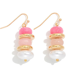 Stacked Beaded Drop Earrings Featuring Gold Tone Rings & Pearls (4 Colors)