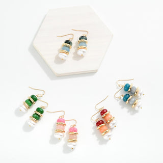 Stacked Beaded Drop Earrings Featuring Gold Tone Rings & Pearls (4 Colors)