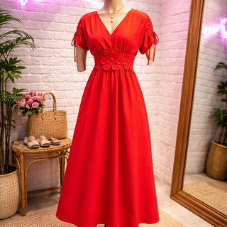 Tomato Floral Appliqué V-Neck Maxi Dress FINAL SALE