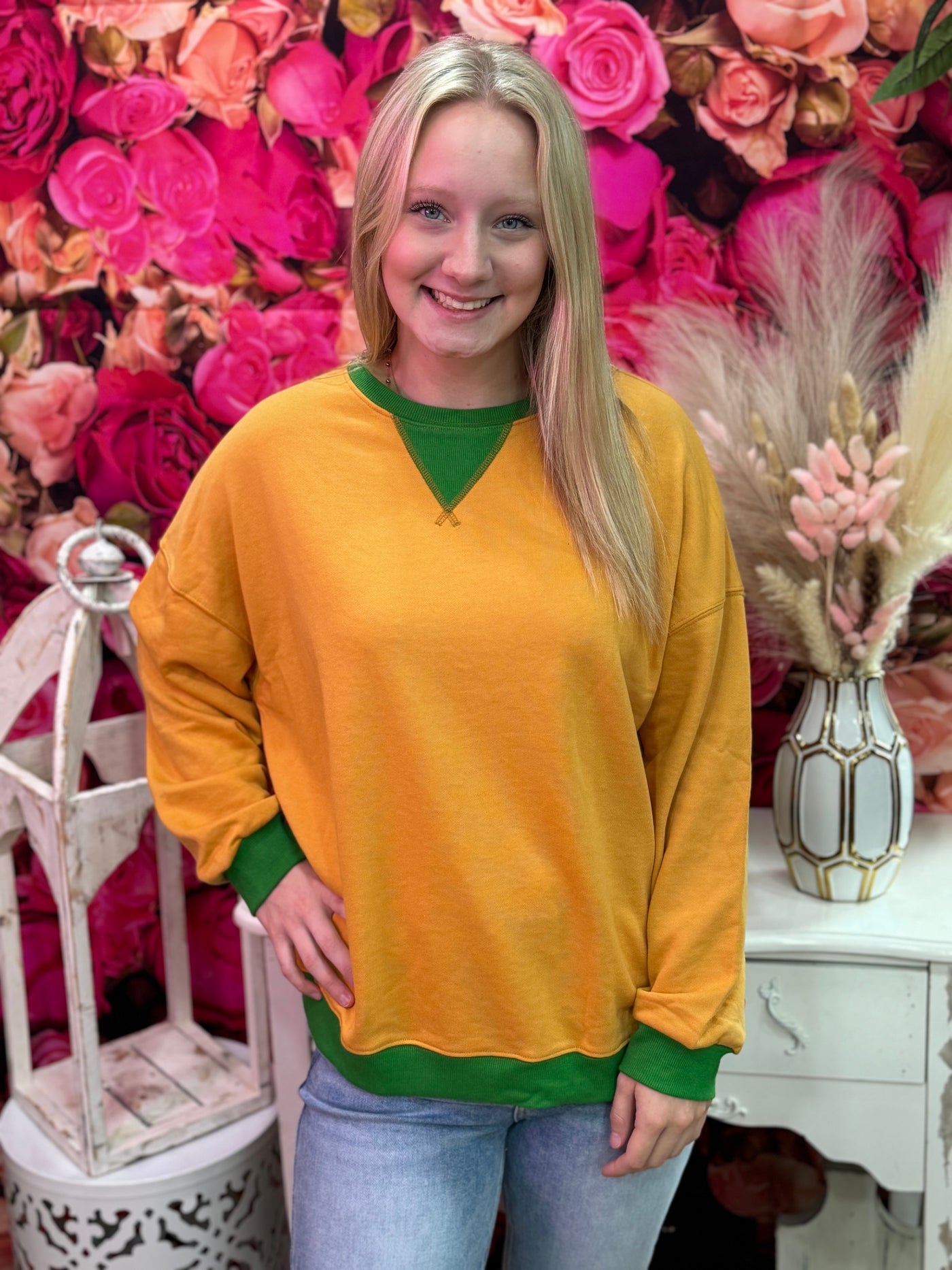 Mustard Contrast Round Neck Long Sleeve Sweatshirt