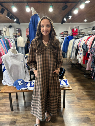 Brown Checkered Midi Dress
