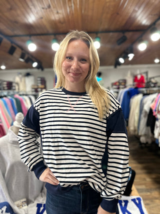 Navy Striped Colorblock Loose Fit Sweatshirt