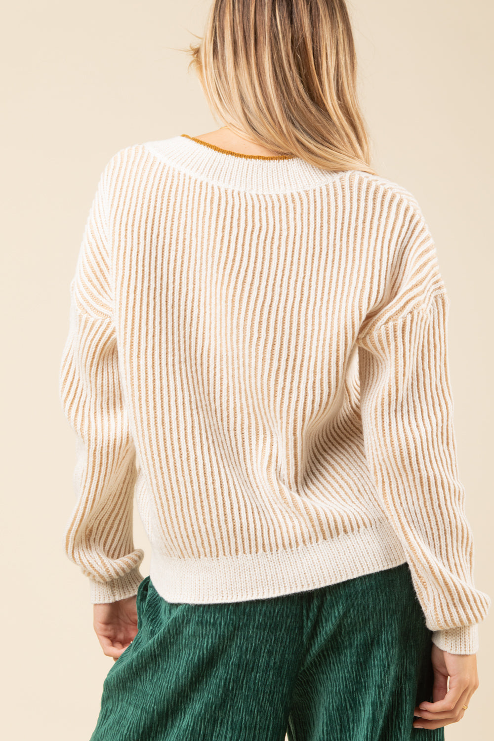 Ivory Oversized Vertical Stripe Two Tone Knit Sweater Top