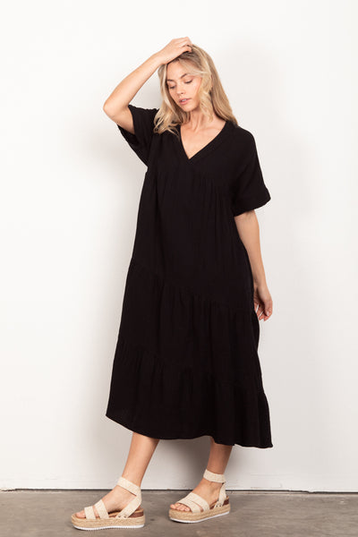 Black Frayed Detail Soft Crinkle Gauze Midi Dress