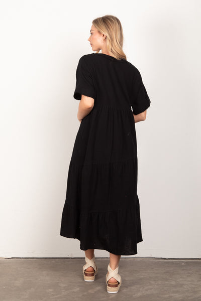 Black Frayed Detail Soft Crinkle Gauze Midi Dress