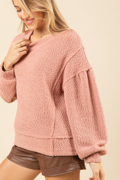 Blush Round Neck Textured Knit Oversized Top