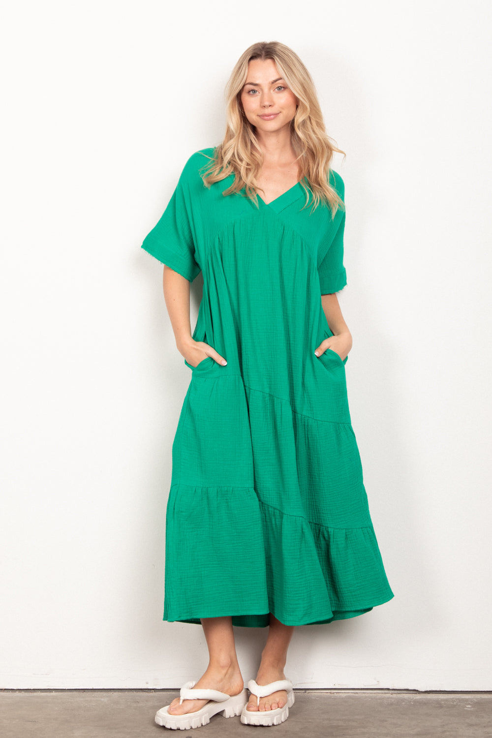 Kelly Green Frayed Detail Soft Crinkle Gauze Midi Dress