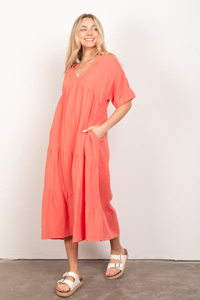 Apricot Frayed Detail Soft Crinkle Gauze Midi Dress