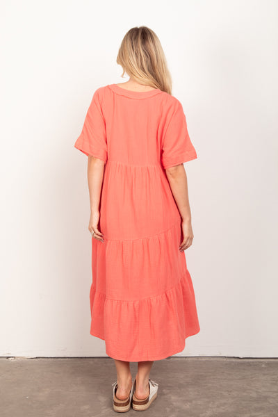 Apricot Frayed Detail Soft Crinkle Gauze Midi Dress
