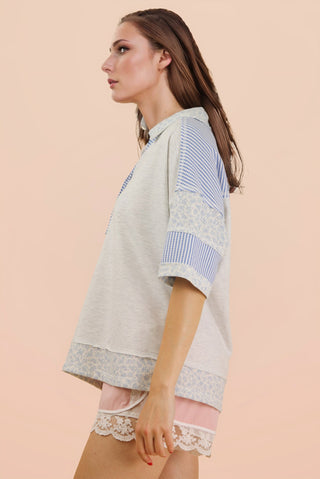 SC Heather Grey Oversized Half Button Down Collared Knit Top FINAL SALE