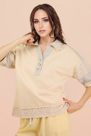 Curvy Natural Oversized Half Button Down Collared Knit Top FINAL SALE