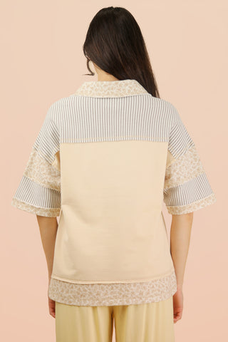 Curvy Natural Oversized Half Button Down Collared Knit Top FINAL SALE