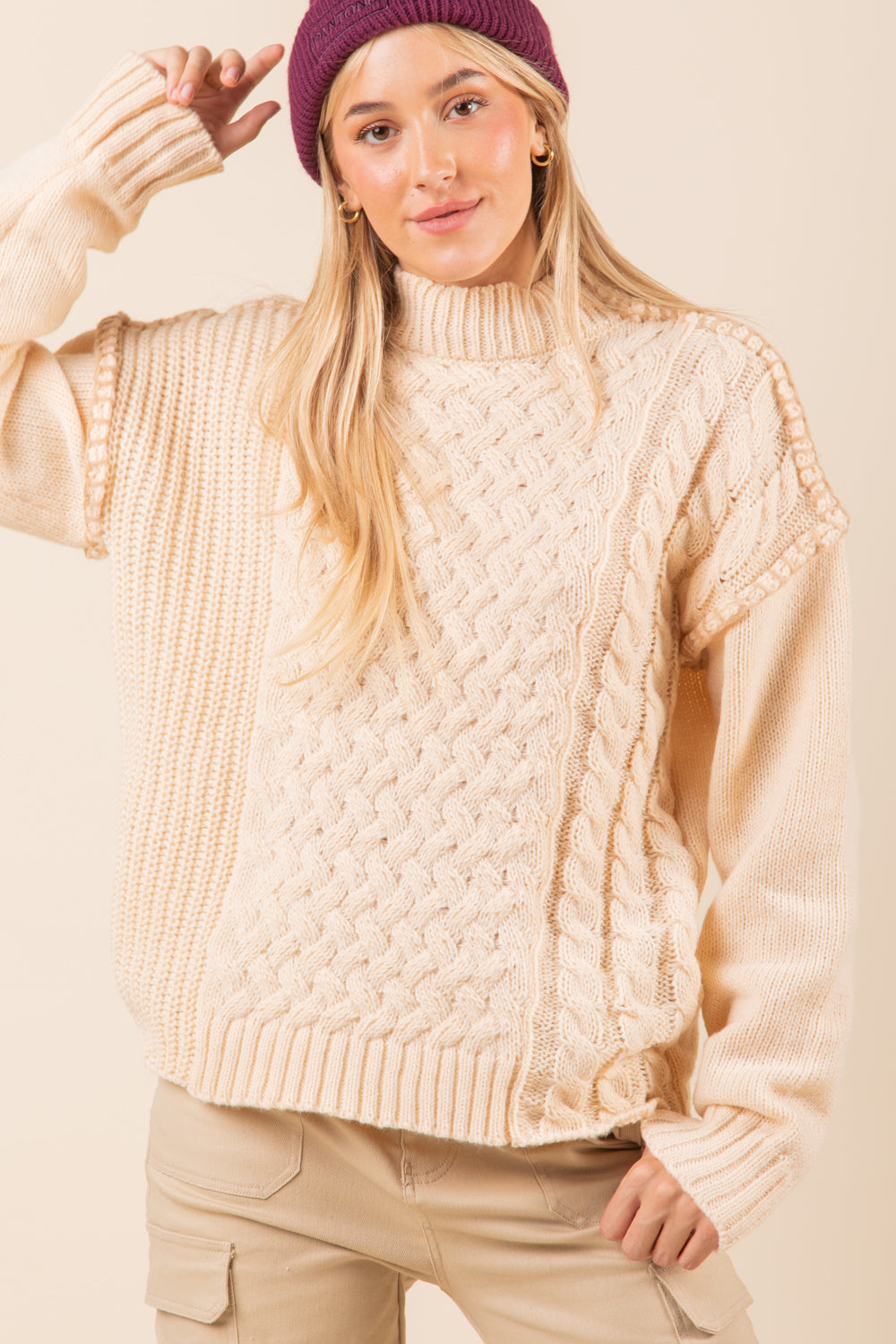 Cream Stitch Detail Cable Knit Sweater Top