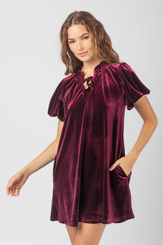 Wine Puff Sleeve Velvet Holiday Mini Dress Final Sale