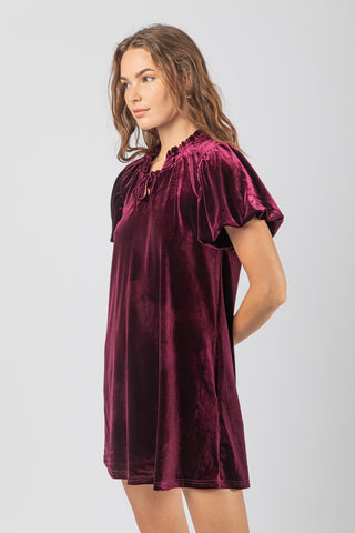 Wine Puff Sleeve Velvet Holiday Mini Dress Final Sale
